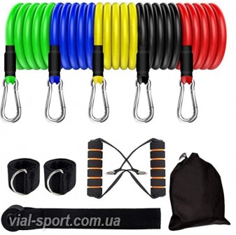 Набір трубчастих еспандерів зі знімними рукоятками FHCL-US Exercise Bands with Handles 100lbs (5 еспандерів) жовтий, синій, зелений, чорний, червоний