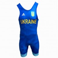 Трико для боротьби Adidas. Акредитація UWW. Колір блакитний. Герб України. Напис UKRAINE на грудях